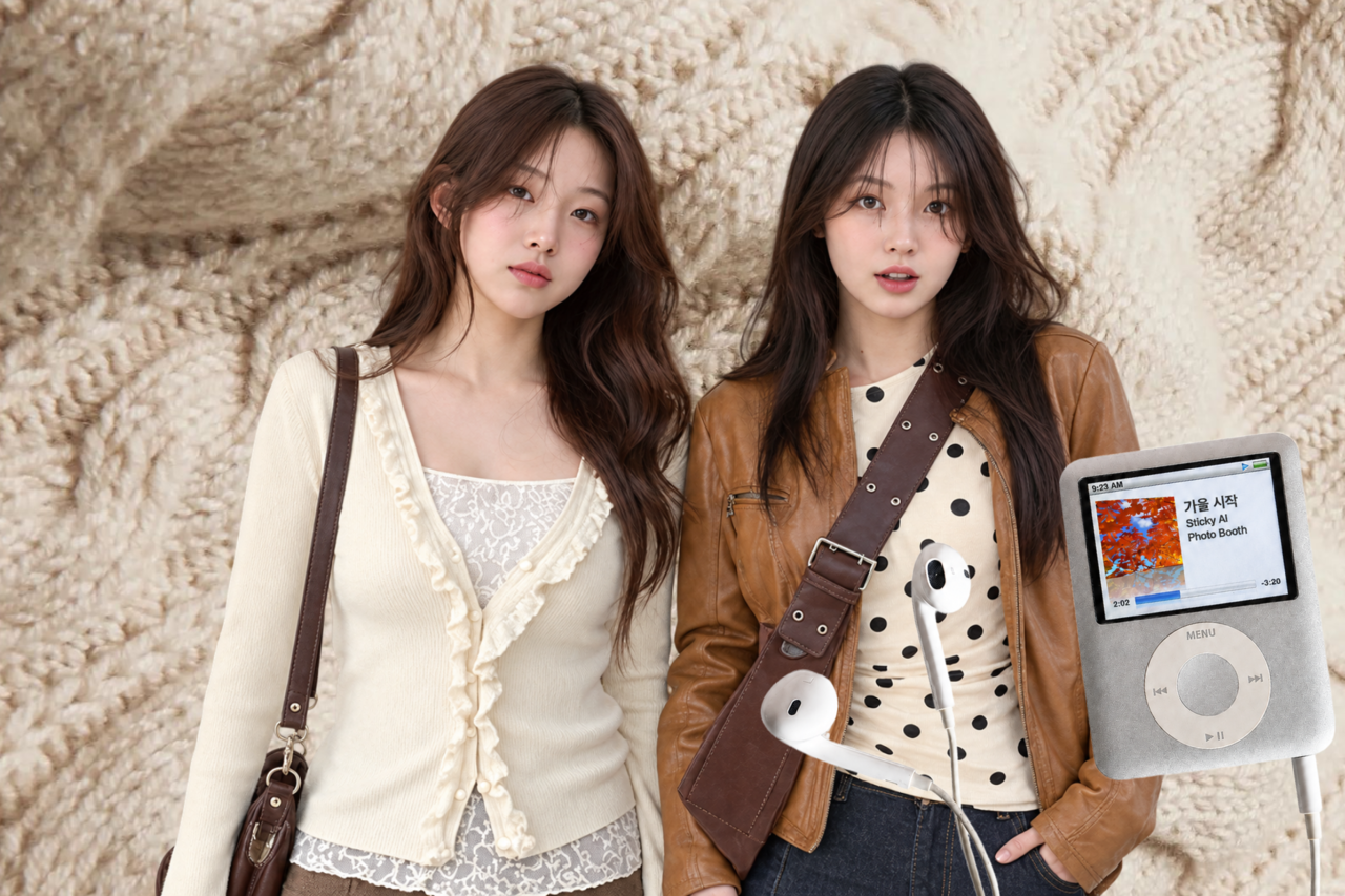 레더 재킷과 레이스 가디건을 입은 두 여성의 가을 AI 프로필 이미지, 니트 텍스처와 레트로 MP3 플레이어 소품