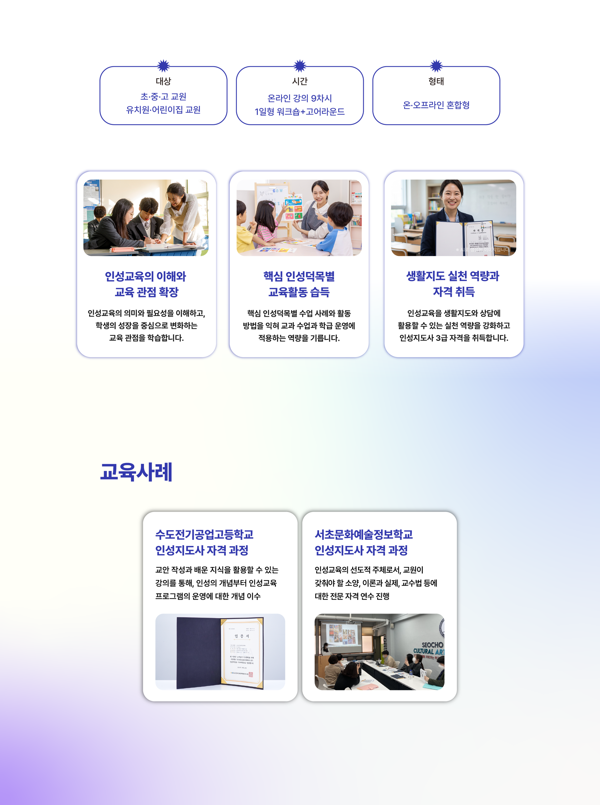 초·중·고 및 유치원·어린이집 교원 대상 온라인 9차시·1일 워크숍·고어라운드 혼합형 인성지도사 자격과정과 교육사례