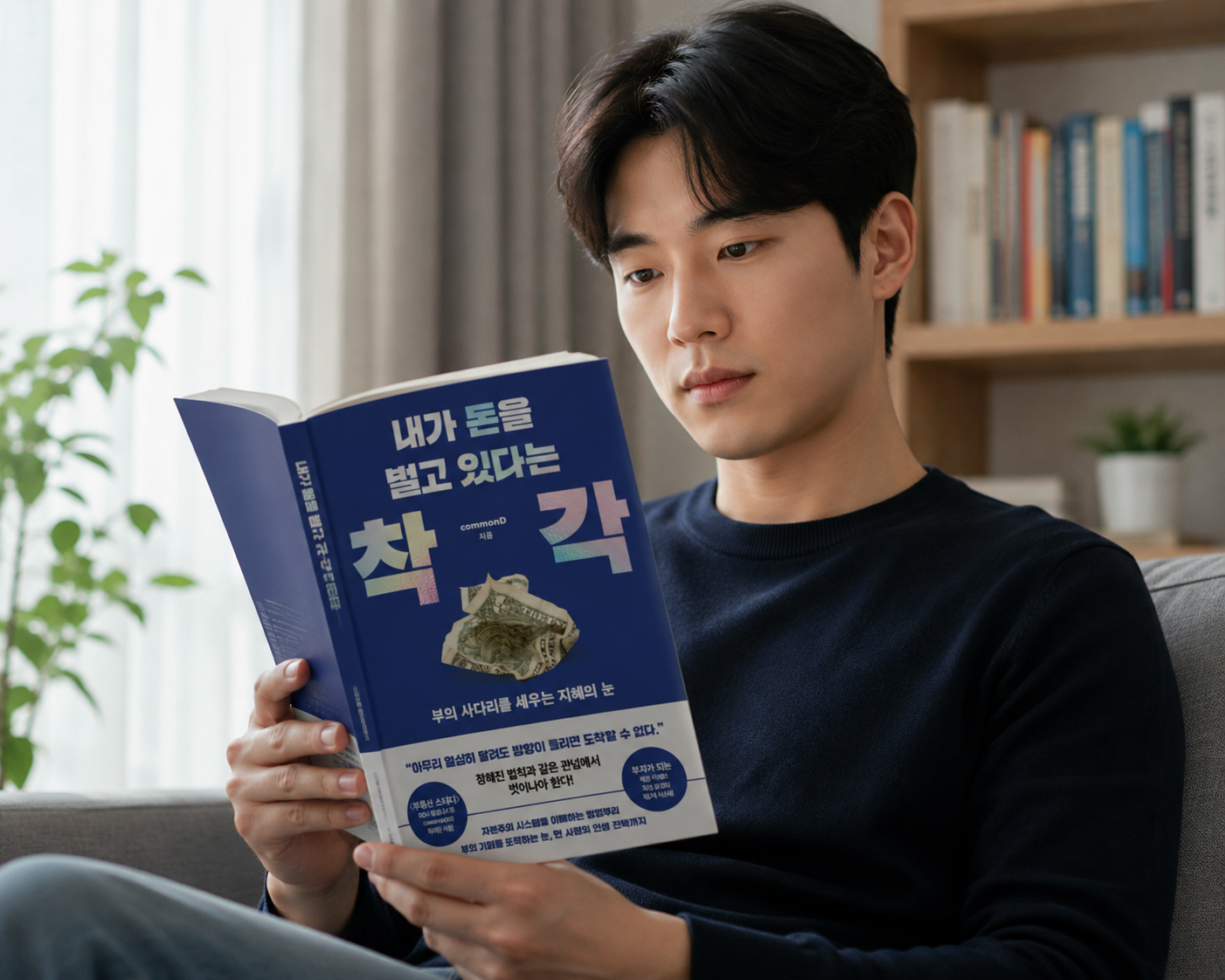 『내가 돈을 벌고 있다는 착각』을 읽고 있는 독자. 파란 표지에 부의 사다리를 세우는 지혜의 눈이라는 문구가 보인다