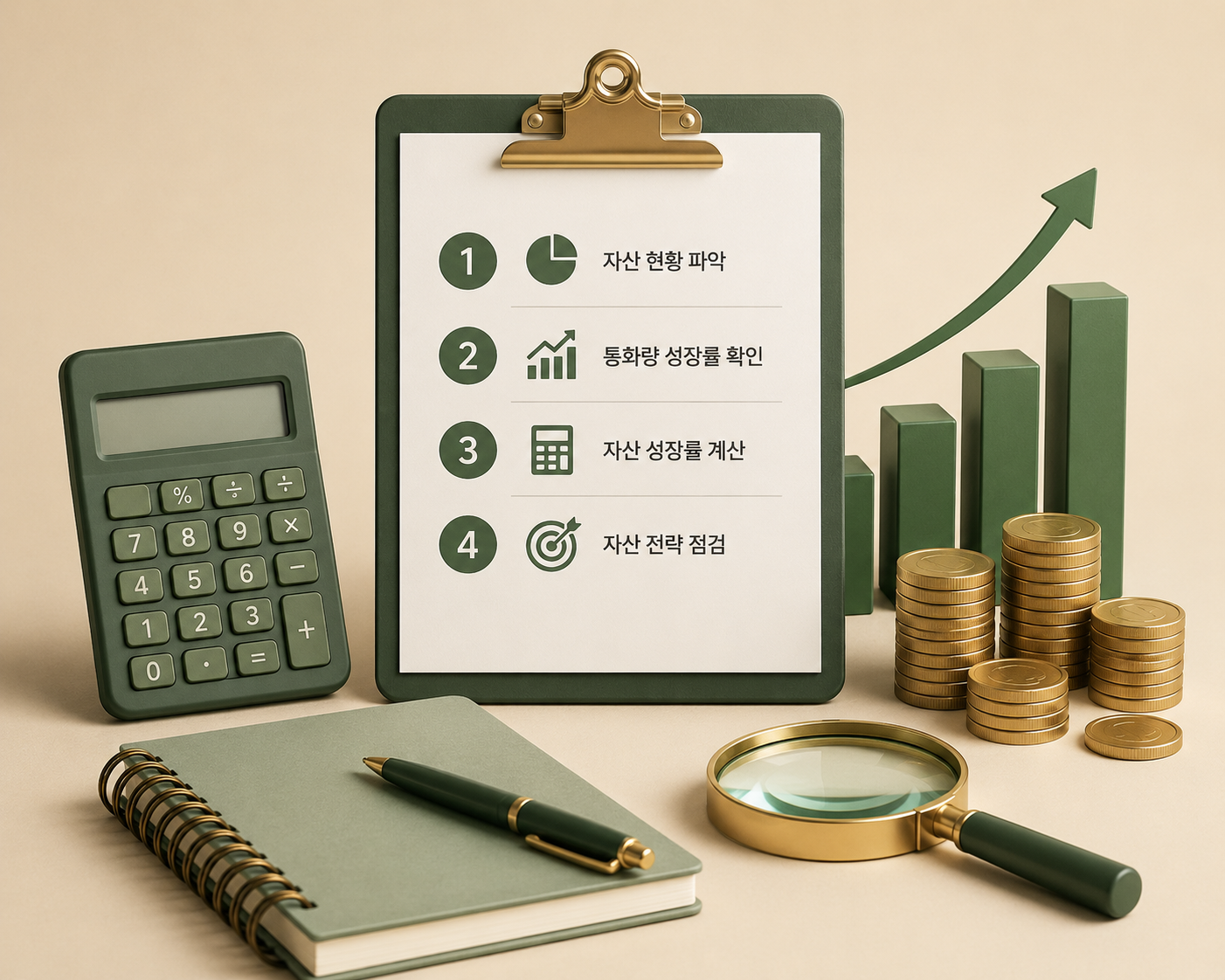 네 단계 목록이 적힌 클립보드와 계산기, 금색 동전 더미, 오르는 막대그래프, 스프링 노트와 돋보기가 함께 놓인 정물