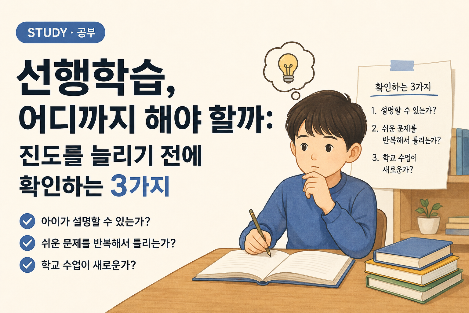 선행학습 확인 3가지 도해. 아이가 설명할 수 있는가, 쉬운 문제를 반복해서 틀리는가, 학교 수업이 새로운가