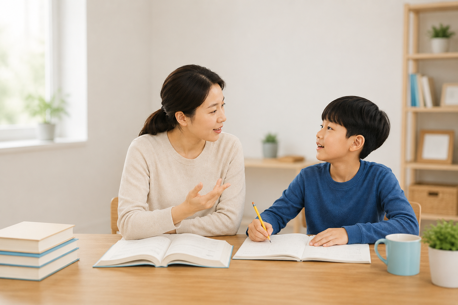 엄마와 초등학생 아이가 책상에 나란히 앉아 문제집을 두고 대화하는 모습. 아이가 연필을 들고 엄마를 보며 설명하고 있다