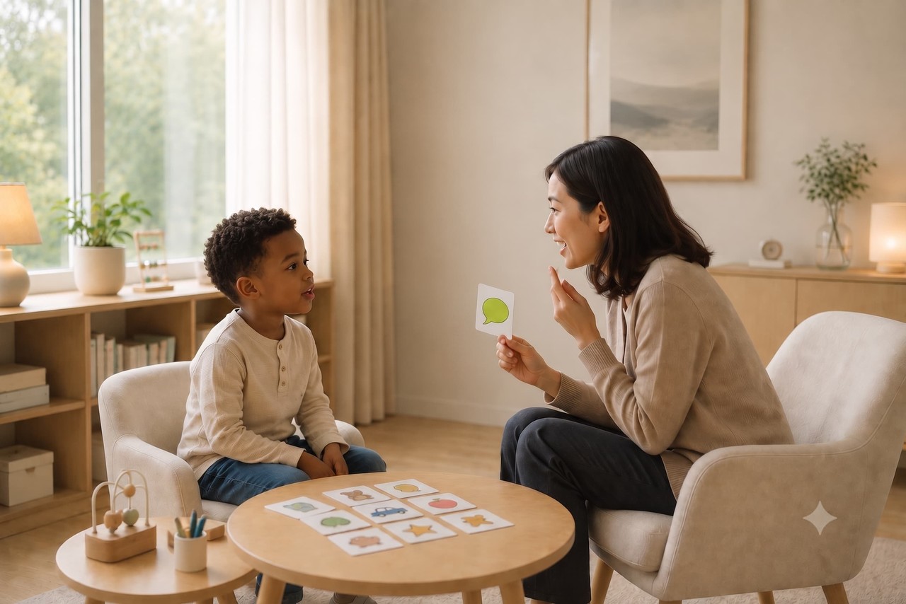 Child participating in bilingual speech and language therapy
