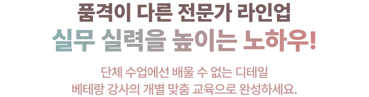 품격이 다른 전문가 라인업, 실무 실력을 높이는 노하우!, 단체 수업에선 배울 수 없는 디테일, 배테랑 강사의 개별 맞춤 교육으로 완성하세요.