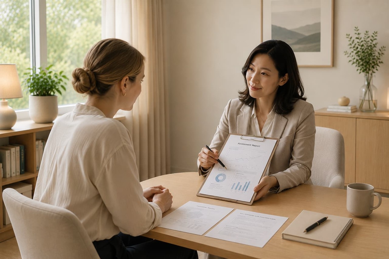 Taking a professional psychological assessment with a licensed English therapist
