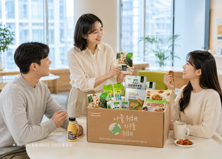 사무실 휴게실에서 풀무원 출출박스 간식 박스에 담긴 과자와 음료를 나누어 먹으며 대화하는 임직원들​