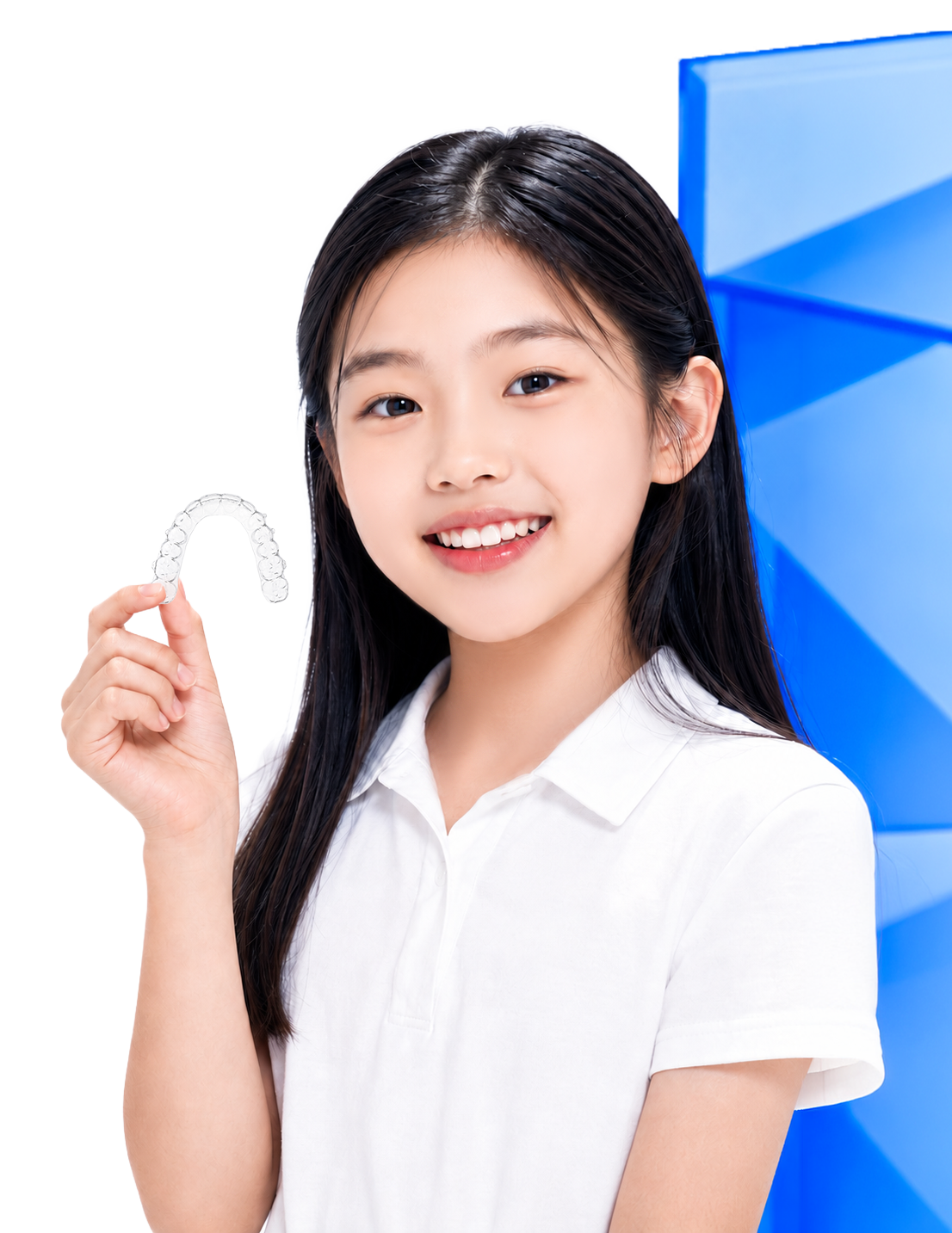 투명교정 장치를 들고 있는 나노라이너 모델