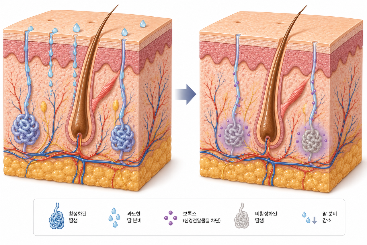 대전다한증 보톡스 시술 전후 땀샘 활성 변화 비교 일러스트