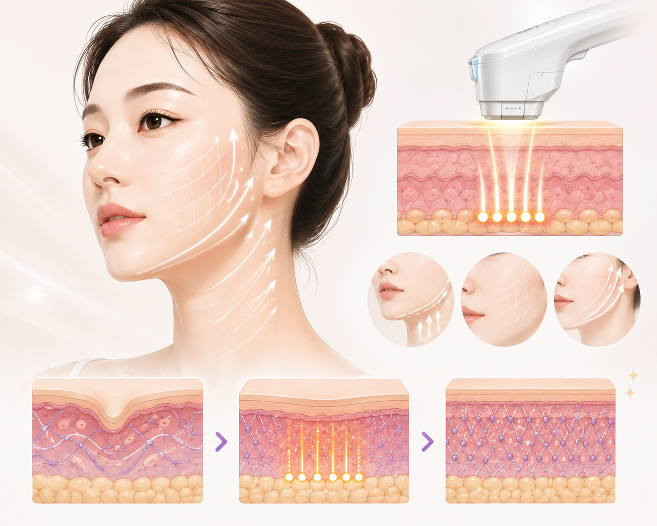 강남울써마지 시술 시 피부 콜라겐 재생과 리프팅 원리를 보여주는 단면 인포그래픽 이미지