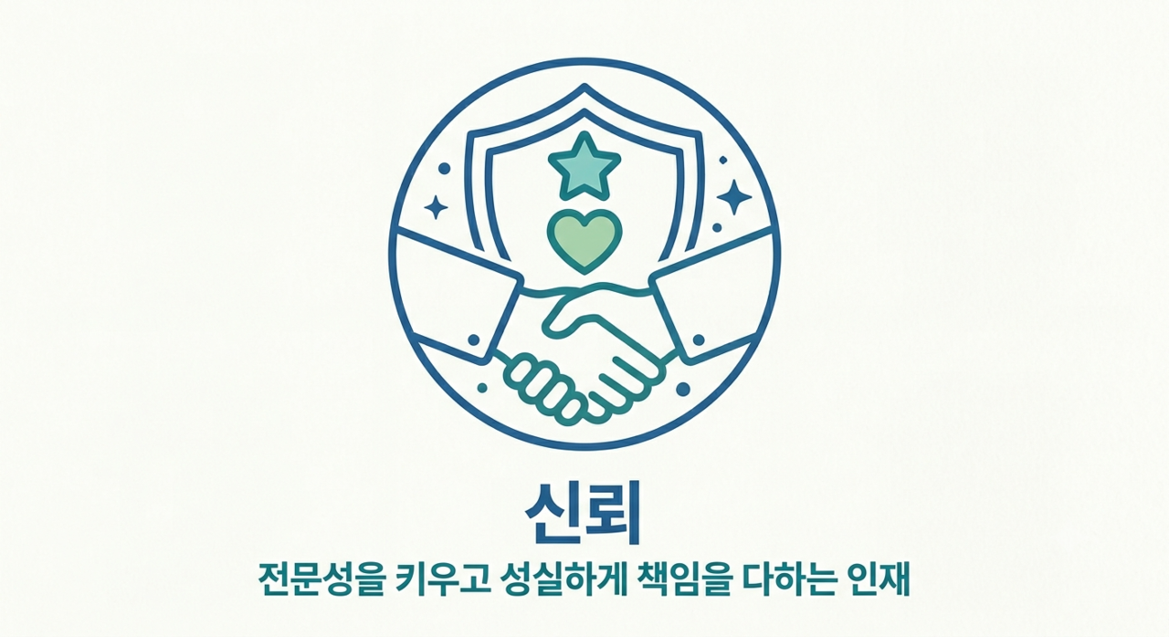 신뢰: 프로페셔널한 역량과 안전의식을 바탕으로 업무를 수행하여 고객과 동료로부터 믿음을 얻는다.