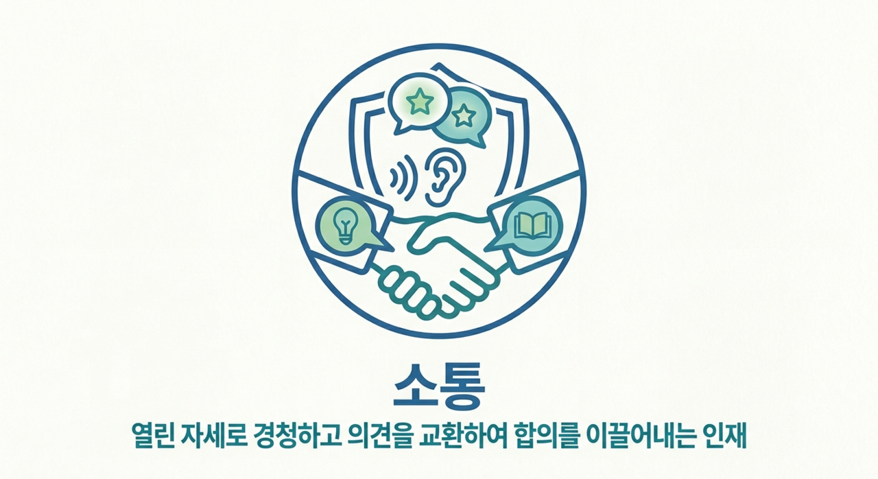 소통: 긍정적 자세로 상대를 존중하고 경청과 시의적절한 의견교환을 통해 서로가 만족할 만한 대안을 찾는다.