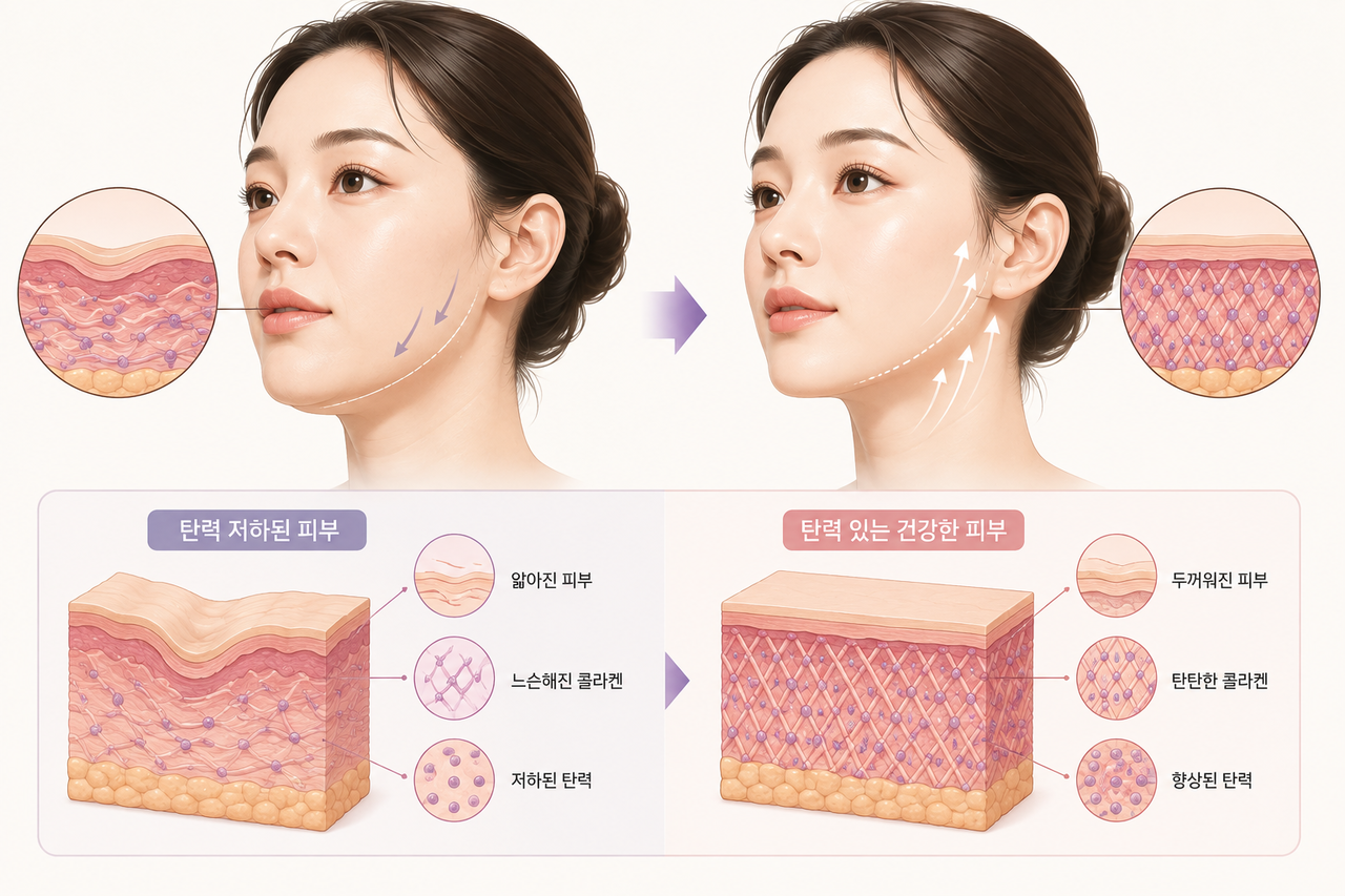 강남울써마지 시술 전후 피부 탄력과 콜라겐 구조 변화를 비교한 인포그래픽 이미지