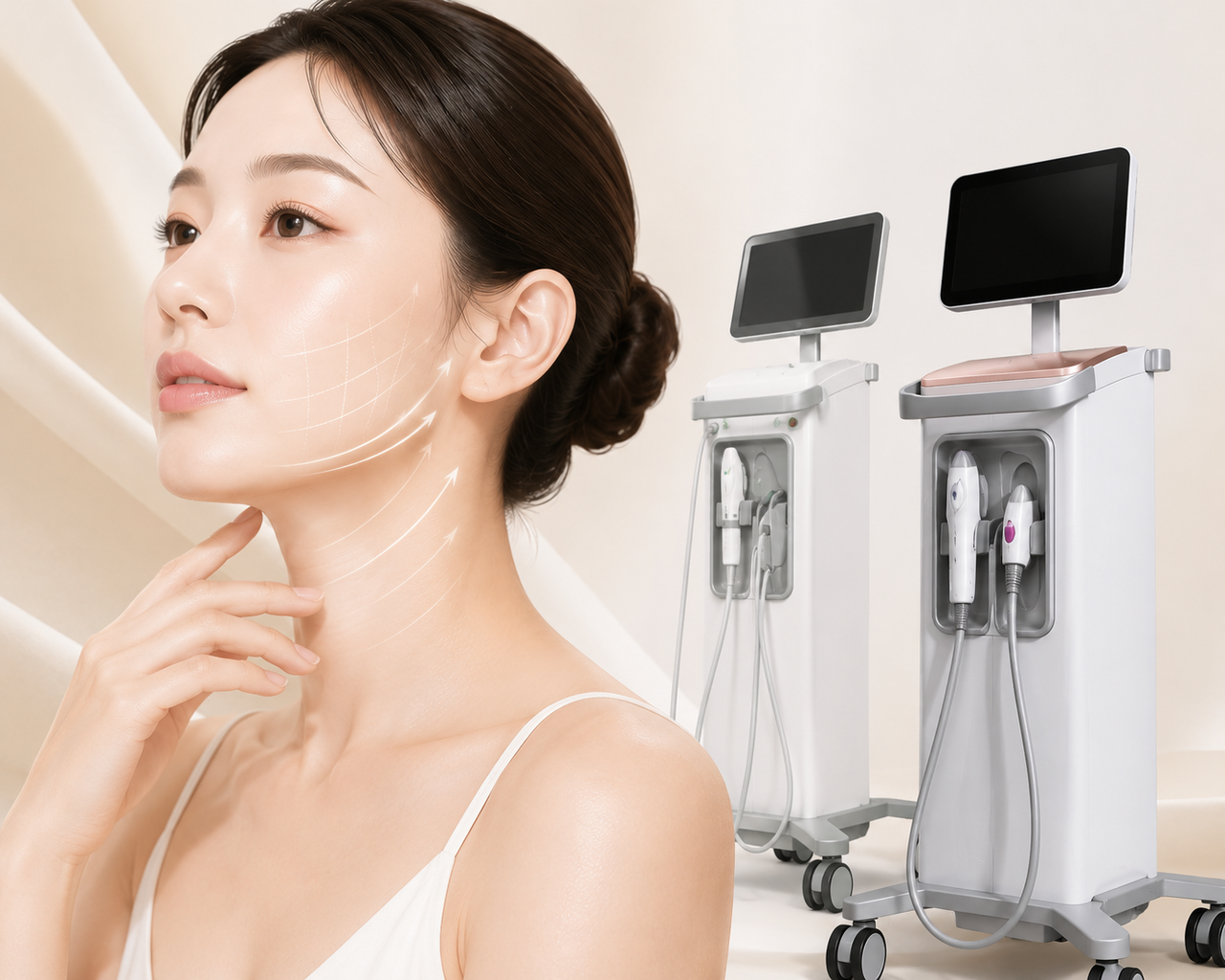 강남울써마지 리프팅 시술을 표현한 여성 모델과 울쎄라·써마지 장비 이미지