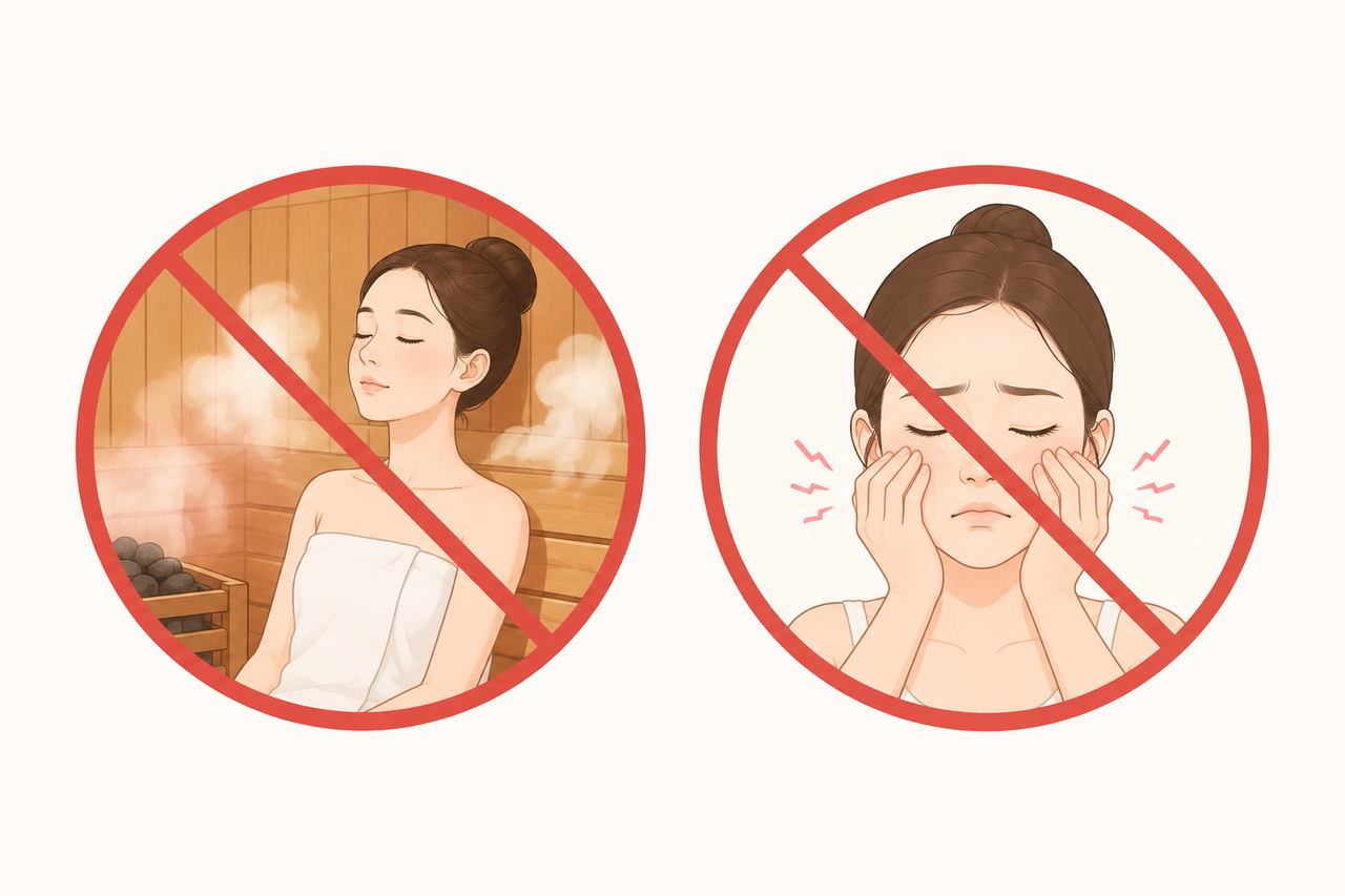 강남울써마지 시술 후 사우나 이용과 얼굴 압박·마사지 금지 안내 일러스트