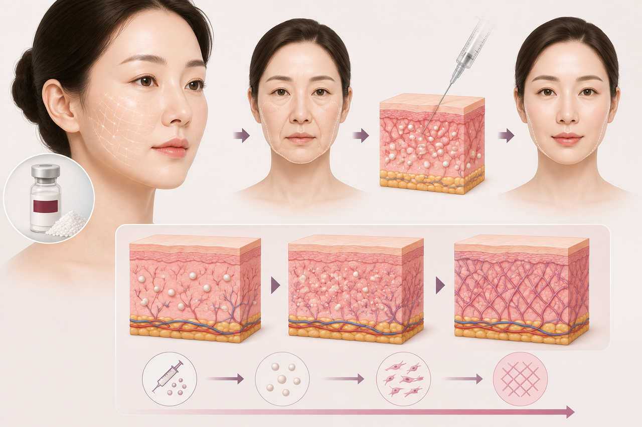 강남스컬트라, 피부 속 콜라겐 생성을 유도해 탄력과 볼륨이 개선되는 과정을 표현한 일러스트