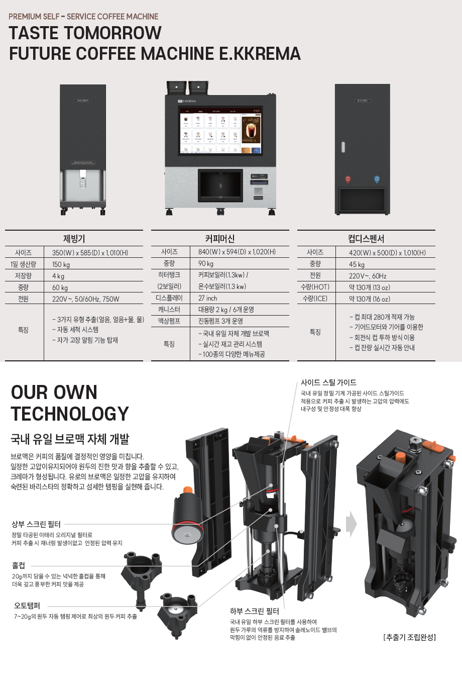 [제빙기]   사이즈: 350(W) x 585(D) x 1,010(H)   1일 생산량: 150 kg   저장량: 4 kg   중량: 60 kg   전원: 220V~, 50/60Hz, 750W   특징: 3가지 유형 추출(얼음, 얼음+물, 물) / 자동 세척 시스템 / 자가 고장 알림 기능 탑재   [커피머신]   사이즈: 840(W) x 594(D) x 1,020(H)   중량: 90 kg   히터탱크(2보일러): 커피보일러(1.3kw) / 온수보일러(1.3 kw)   디스플레이: 27 inch   캐니스터: 대용량 2 kg / 6개 운영   액상펌프: 진동펌프 3개 운영   특징: 국내 유일 자체 개발 브로맥 / 실시간 재고 관리 시스템 / 100종의 다양한 메뉴제공   [컵디스펜서]   사이즈: 420(W) x 500(D) x 1,010(H)   중량: 45 kg   전원: 220V~, 60Hz   수량(HOT): 약 130개 (13 oz)   수량(ICE): 약 130개 (16 oz)   특징: 컵 최대 280개 적재 가능 / 기어드모터와 기어를 이용한 회전식 컵 투하방식 이용 / 컵 잔량 실시간 자동 안내   OUR OWN TECHNOLOGY 국내 유일 브로맥 자체 개발 브로맥은 커피의 품질에 결정적인 영향을 미칩니다. 일정한 고압이 유지되어야 원두의 진한 맛과 향을 추출할 수 있고, 크레마가 형성됩니다. 유로의 브로맥은 일정한 고압을 유지하여 숙련된 바리스타의 정확하고 섬세한 탬핑을 실현해 줍니다.   사이드 스틸 가이드: 국내 유일 정밀 기계 가공된 사이드 스틸가이드 적용으로 커피 추출 시 발생하는 고압의 압력에도 내구성 및 안정성 대폭 향상   상부 스크린 필터: 정밀 타공된 이태리 오리지널 필터로 커피 추출 시 채널링 발생이없고 안정된 압력 유지   홀컵: 20g까지 담을 수 있는 넉넉한 홀컵을 통해 더욱 깊고 풍부한 커피 맛을 제공   오토탬퍼: 7~20g의 원두 자동 탬핑 제어로 최상의 원두 커피 추출   하부 스크린 필터: 국내 유일 하부 스크린 필터를 사용하여 원두 가루의 역류를 방지하여 솔레노이드 밸브의 막힘이 없이 안정된 음료 추출   [추출기 조립완성]   