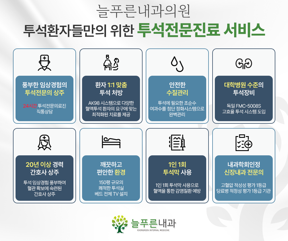 늘푸른내과의원 투석환자 맞춤 투석전문진료 서비스 안내: 24시간 투석전문의 상주, 환자 1:1 맞춤 투석 처방(AK98 시스템), 안전한 수질관리, 독일 FMC-500S 고효율 투석장비 도입, 20년 이상 경력 간호사 상주, 150평 규모 깨끗하고 편안한 투석실, 1인 1회 투석막 사용, 내과학회인정 신장내과 전문의 진료.