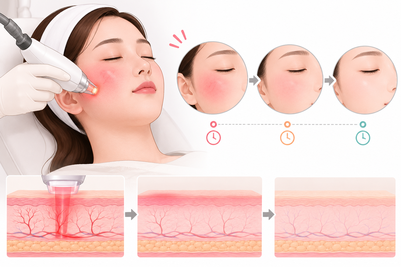 강남역홍조치료 후 일시적으로 붉어진 피부가 시간이 지나며 진정되는 과정을 표현한 일러스트