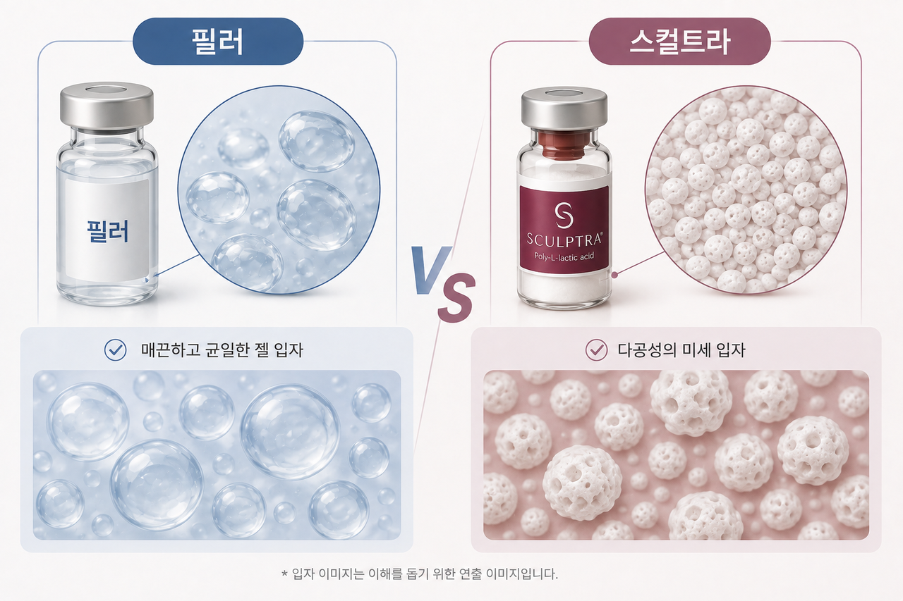 강남스컬트라, 필러의 젤 입자와 스컬트라의 미세 입자 차이를 비교한 일러스트