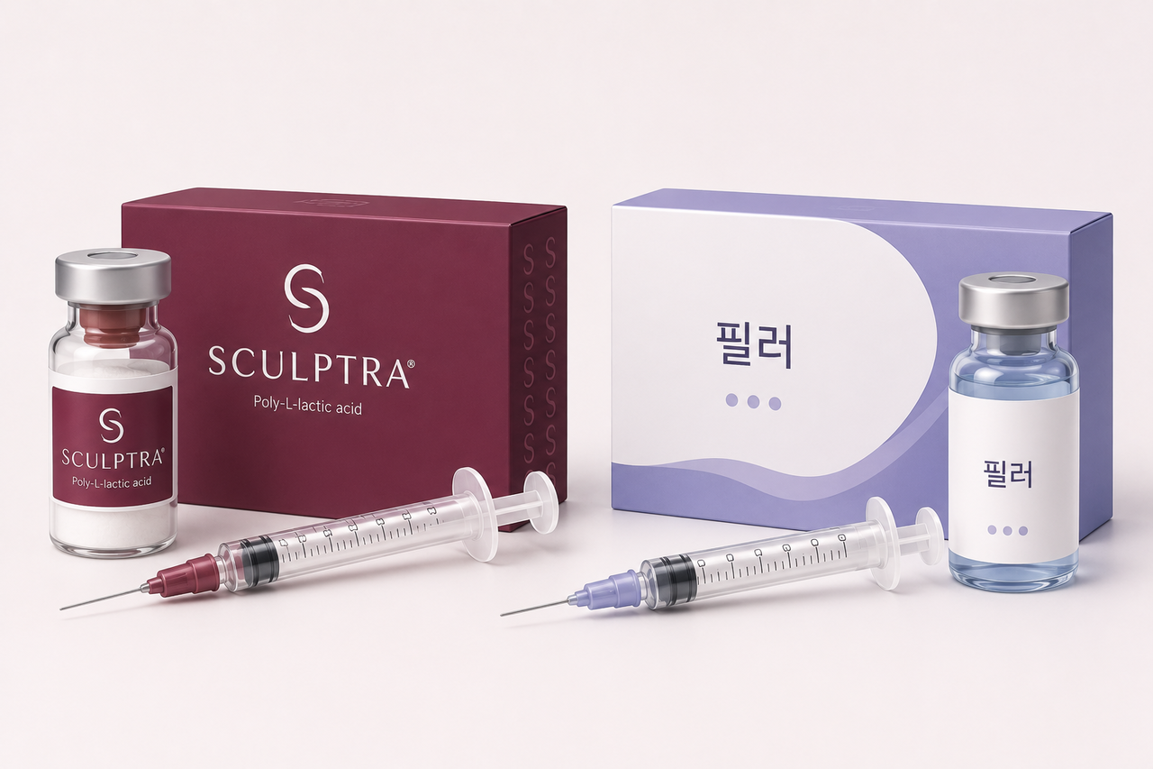 강남스컬트라, 콜라겐 생성을 돕는 스컬트라와 피부 볼륨 개선에 사용되는 필러 제품을 비교한 일러스트