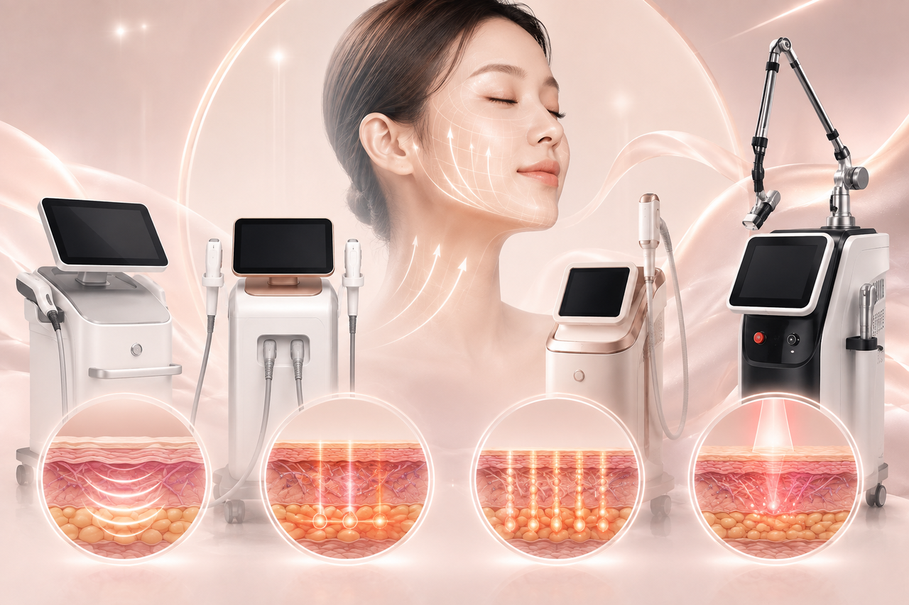 다양한 리프팅 장비를 조합해 피부층별로 에너지를 전달하고 얼굴 탄력과 윤곽을 개선하는 원리를 표현한 일러스트