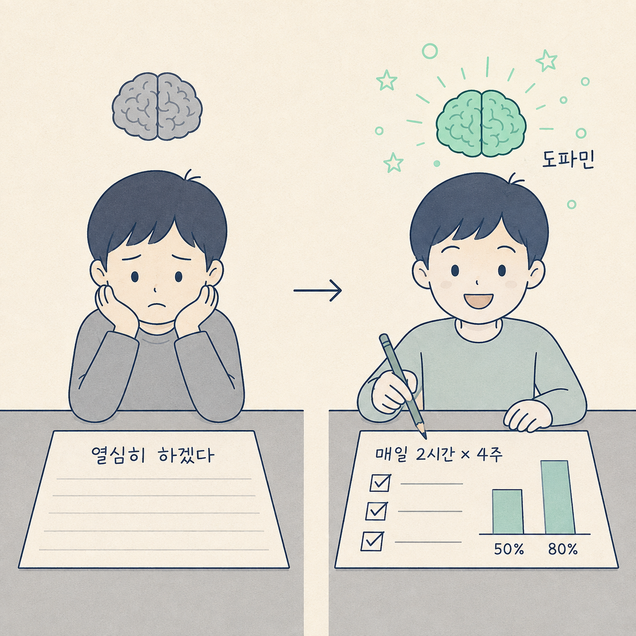 열심히 하겠다는 막연한 목표에 반응하지 않는 회색 뇌와, 매일 2시간 4주라는 측정 가능한 목표에 도파민이 반짝이는 뇌를 비교한 그림
