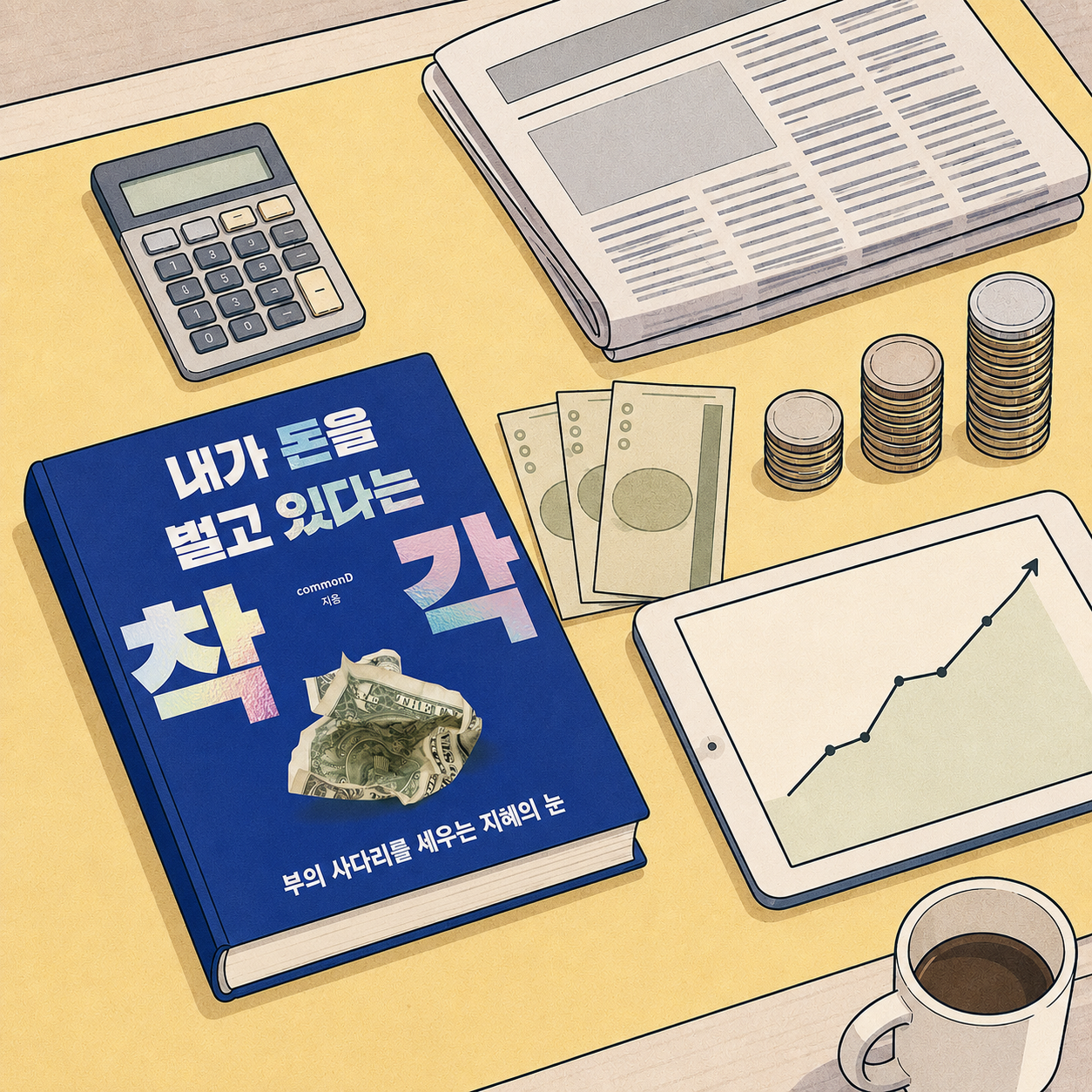 M2 통화량 기사가 실린 신문과 계산기, 지폐, 쌓인 동전, 상승 그래프 태블릿, 『내가 돈을 벌고 있다는 착각』이 놓인 책상