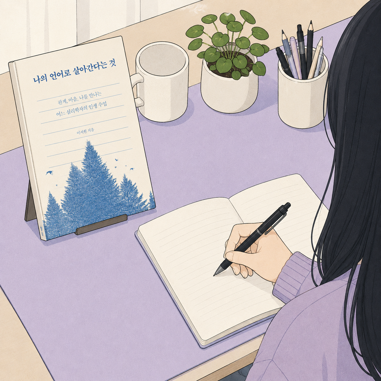 필사하기 좋은 글을 고르려고 『나의 언어로 살아간다는 것』을 책 스탠드에 세워 두고 빈 노트에 펜을 든 책상