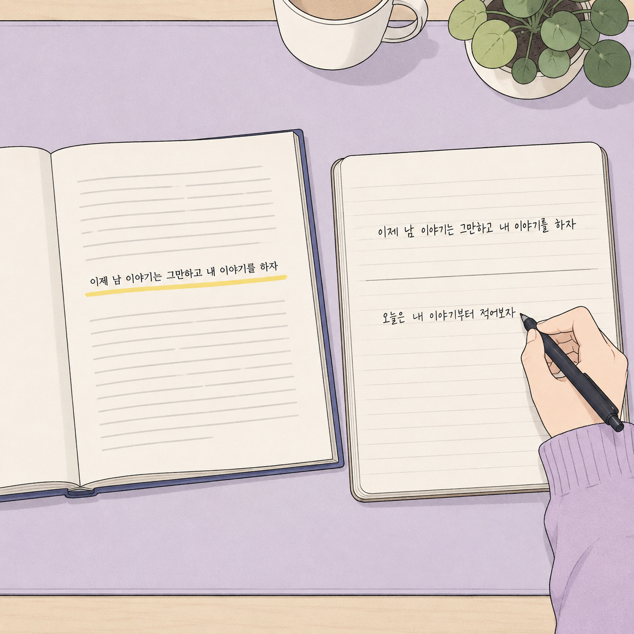 책에서 형광펜으로 밑줄 그은 문장을 노트에 옮겨 적고 그 아래 내 문장 한 줄을 덧붙이는 필사 방법
