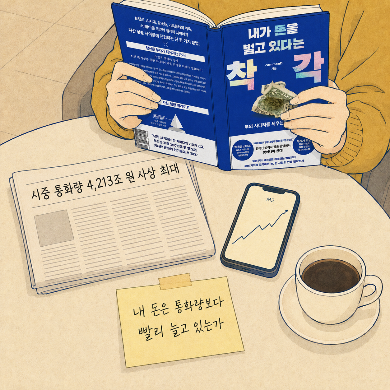시중 통화량 4,213조 원 사상 최대 헤드라인 신문과 M2 통화량 그래프 스마트폰, 내 돈은 통화량보다 빨리 늘고 있는가 메모, 『내가 돈을 벌고 있다는 착각』을 읽는 사람