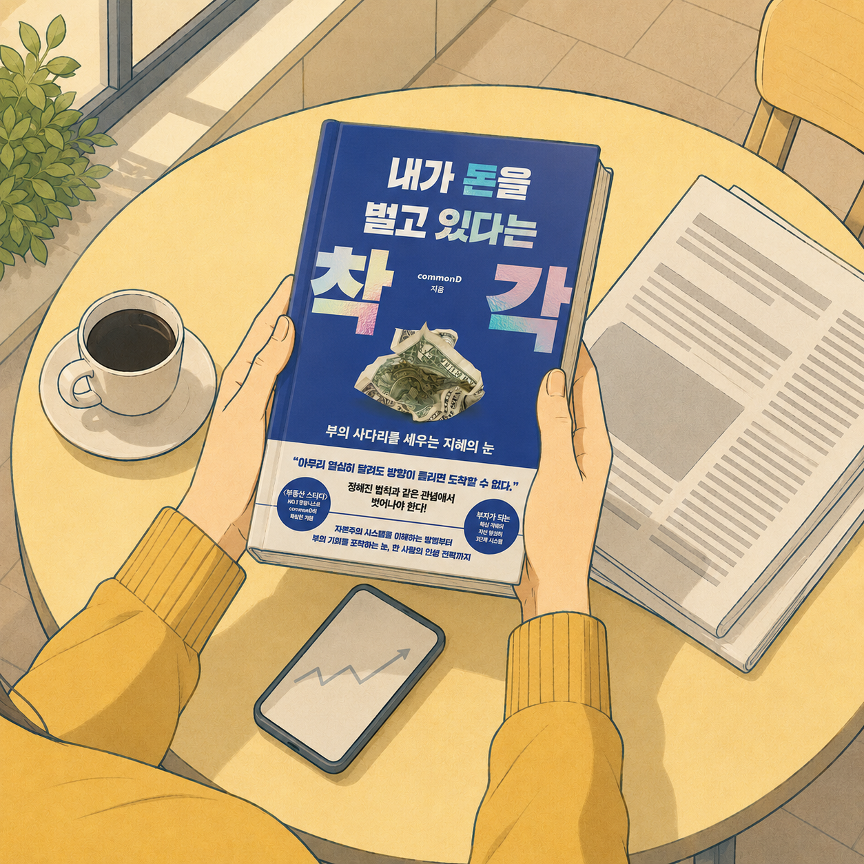 카페 테이블에서 경제책 『내가 돈을 벌고 있다는 착각』을 두 손으로 들고 읽는 사람, 옆에 신문과 상승 그래프 스마트폰