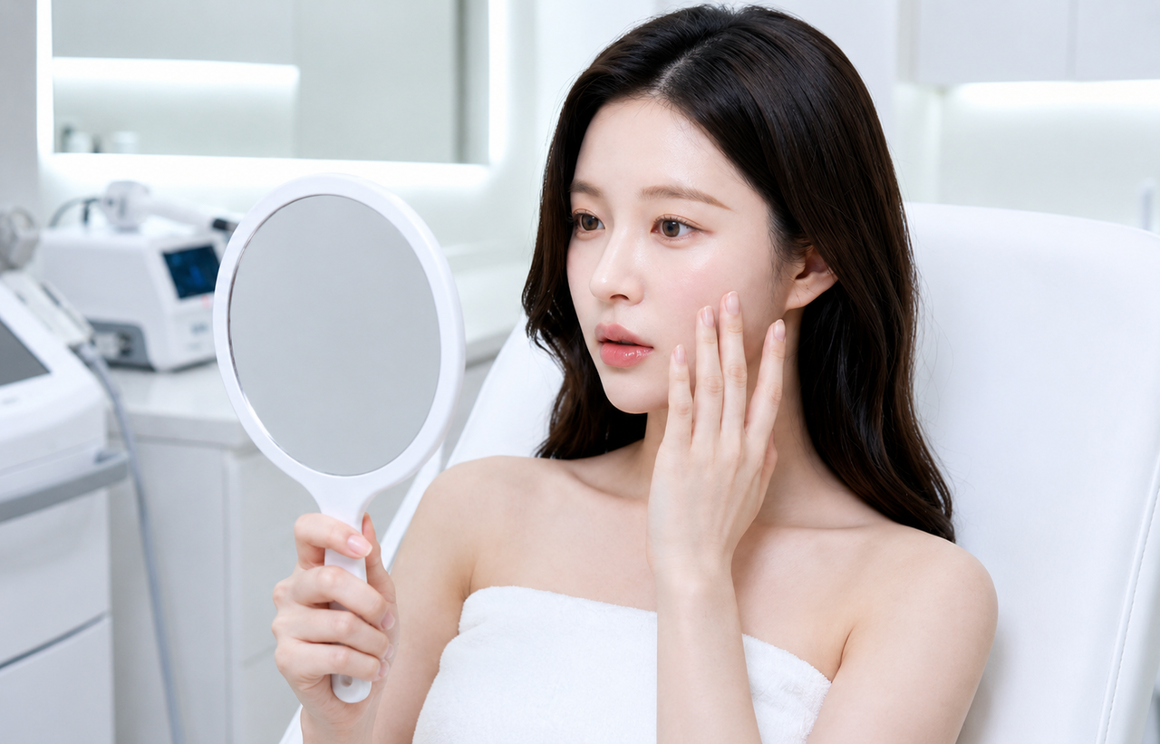 강남비립종제거 시술 후 손거울로 피부 상태 확인하는 여성 모습