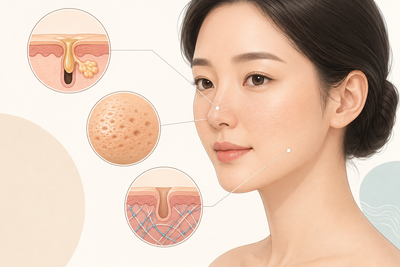 울산모공 치료 전 피지 분비와 거친 피부결, 피부 탄력 저하로 모공이 넓어지는 원인을 보여주는 일러스트