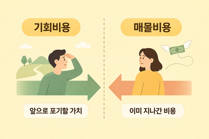 기회비용과 매몰비용 비교 도식. 왼쪽은 앞을 바라보는 사람과 앞으로 포기할 가치, 오른쪽은 뒤를 돌아보는 사람과 이미 지나간 비용
