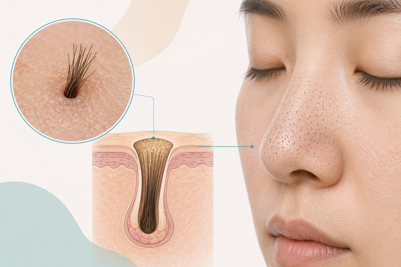 울산모공 고민 중 블랙헤드처럼 보일 수 있는 가시털정체증과 한 모공 안에 여러 가는 털이 정체된 상태를 보여주는 일러스트