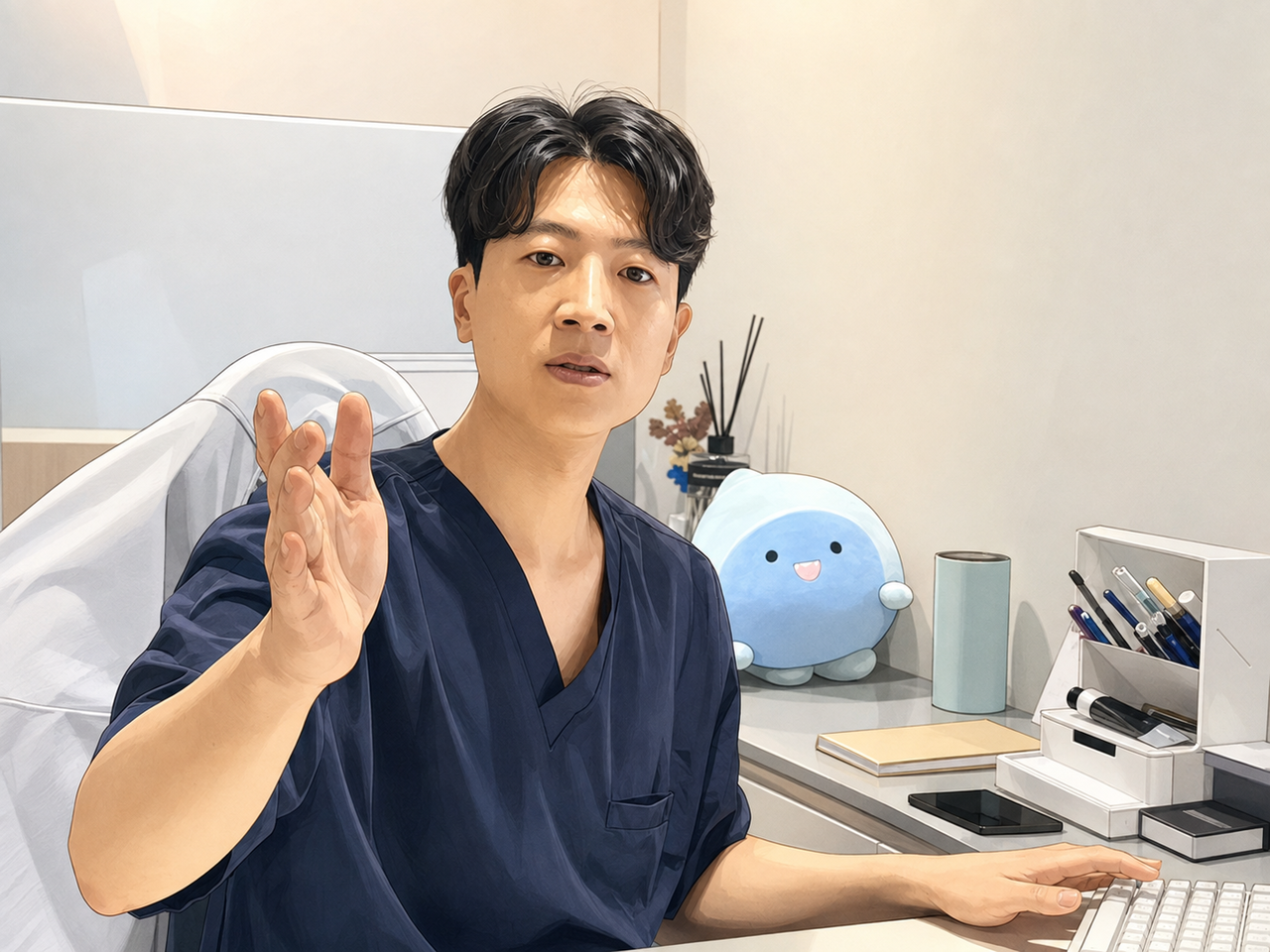 울산모공 상담에서 의료진이 각질마개와 가시털정체증이 생기는 원리를 설명하는 모습을 표현한 일러스트