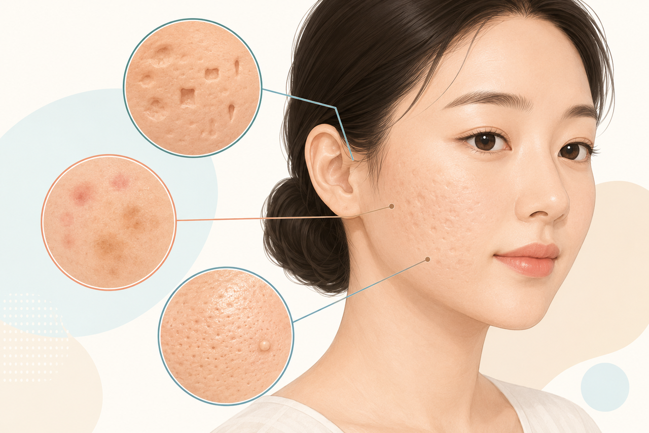 울산흉터 치료 전 패인 흉터의 형태와 붉고 갈색인 흔적, 모공과 피부결 상태를 구분해 살펴보는 일러스트