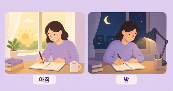 아침 창가와 밤 스탠드 조명 아래에서 같은 사람이 노트에 글을 쓰는 두 장면 일러스트. 아침과 밤 라벨이 붙어 있다