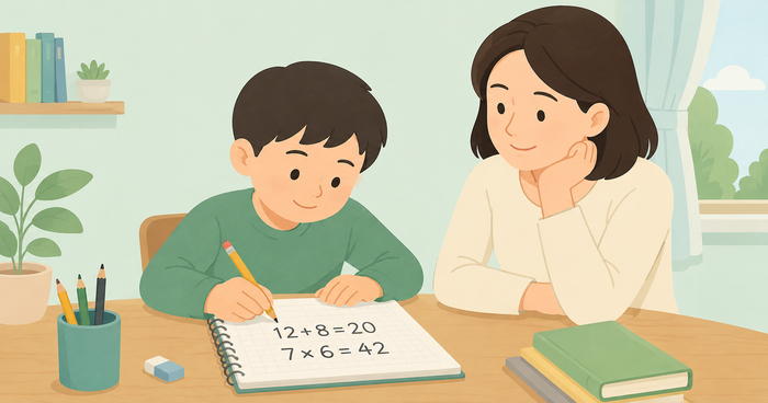 초등학생 아이가 공책에 12+8=20, 7×6=42 연산 문제를 풀고 옆에서 엄마가 지켜보는 일러스트