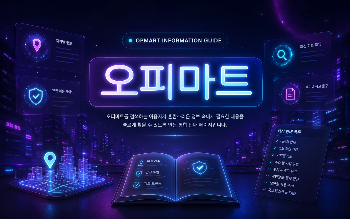 네온 디자인으로 표현한 오피마트 정보 확인 가이드