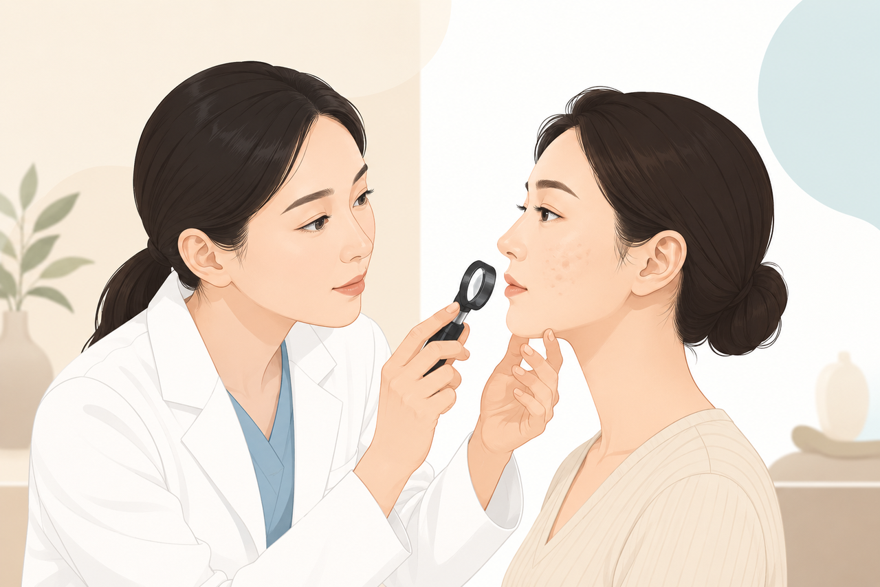 울산흉터 치료 전 의료진이 확대경으로 얼굴의 여드름 흉터와 피부 상태를 확인하는 일러스트