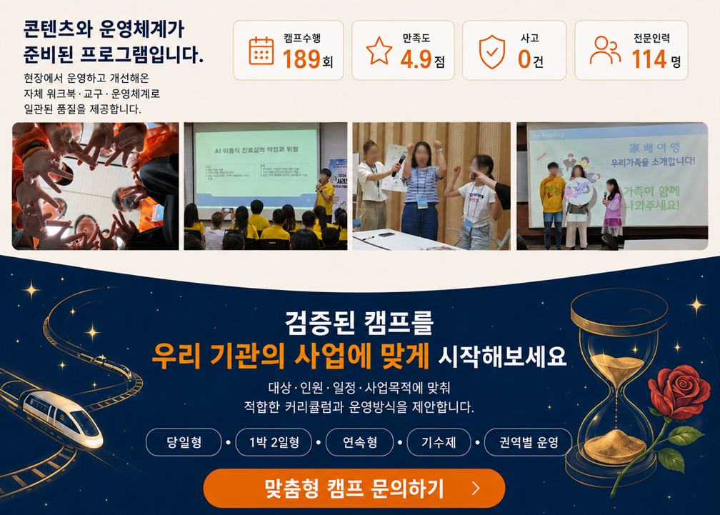 캠프 수행 189회와 만족도 4.9점의 검증된 청소년 인문·가족캠프 현장 운영 및 맞춤형 프로그램