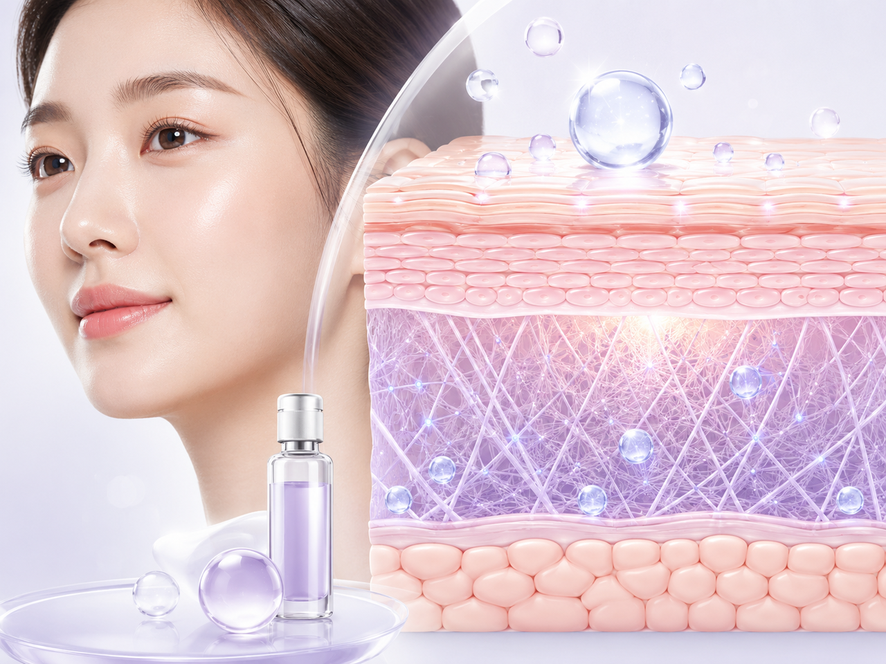대전리쥬란힐러 시술로 피부 속 수분과 탄력 개선을 표현한 피부 단면 일러스트와 리쥬란 힐러 앰플 이미지