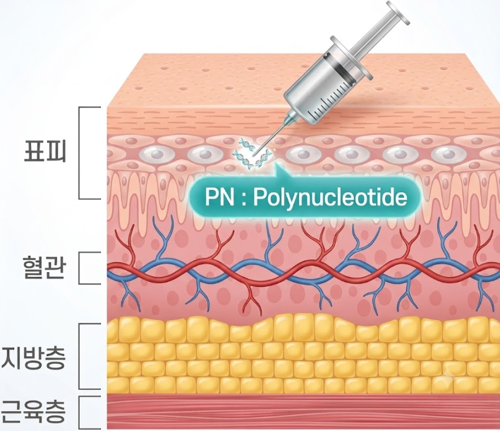 대전리쥬란힐러의 PN 성분이 피부 진피층에 작용하는 원리와 표피·혈관·지방층·근육층을 나타낸 피부 단면 일러스트