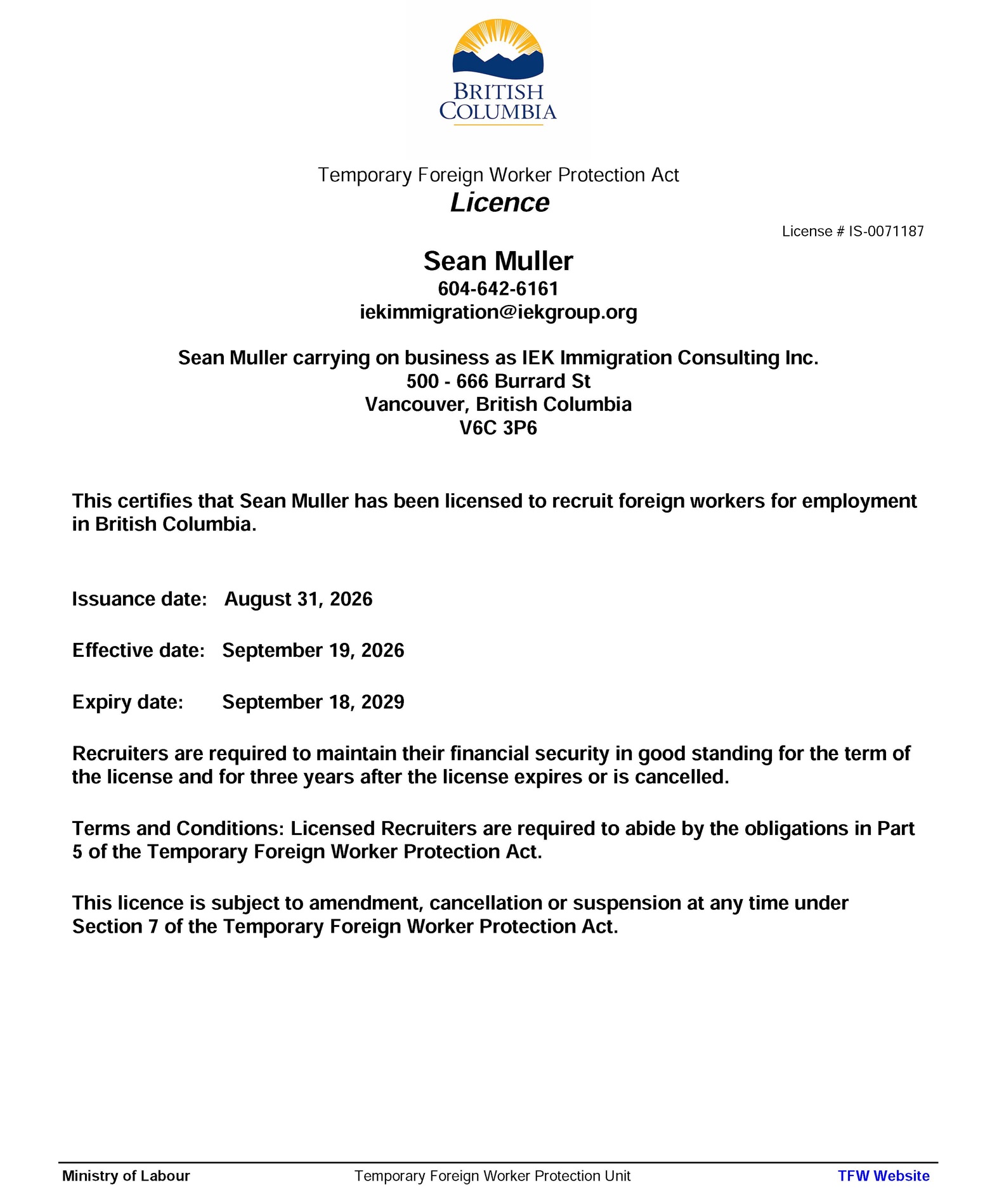 [Certificate of Recruit Foreign Workers for Employment in British Columbia]