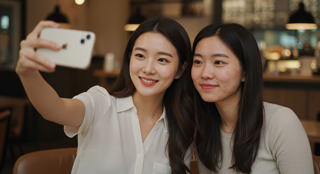 천안 스노우의원 여드름 흉터 치료 안내 이미지. 함께 사진을 찍는 여성 두 명