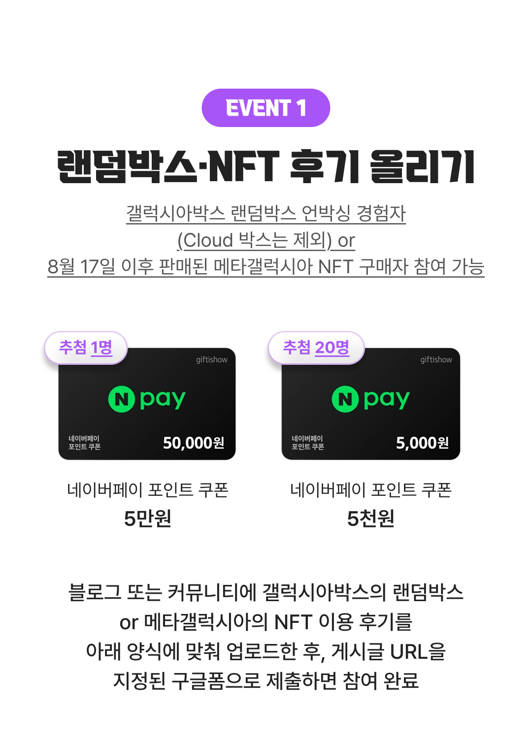 이벤트 1 랜덤박스/NFT 후기 올리기: 추첨 1명에게 네이버페이 포인트 쿠폰 5만 원, 추첨 20명에게 네이버페이 포인트 쿠폰 5천 원 지급. 블로그 또는 커뮤니티에 갤럭시아박스의 랜덤박스나 메타갤럭시아의 NFT 이용 후기를 아래 양식에 맞춰 업로드한 후, 게시글 URL을 지정된 구글폼으로 제출하면 참여 완료