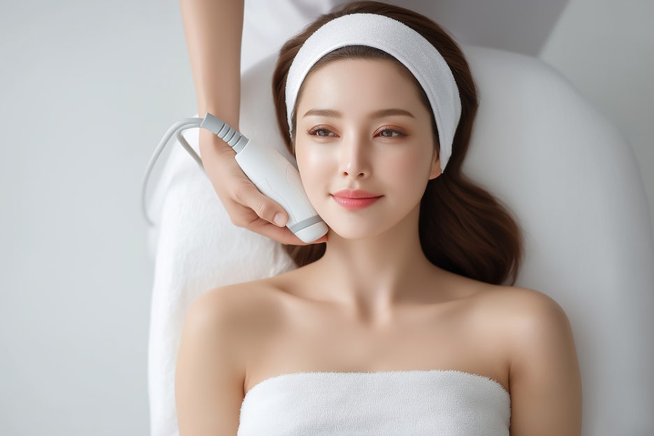	대전울써마지 시술 전 헤어밴드를 착용하고 누워 있는 여성의 상반신 사진