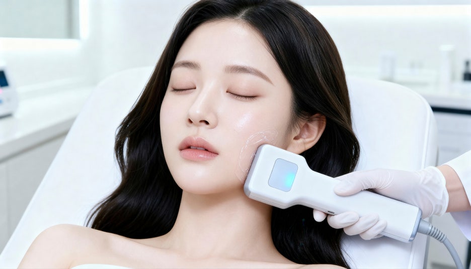 대전울써마지 시술 중 볼 부위에 초음파 기기를 대고 있는 여성 얼굴 클로즈업 사진
