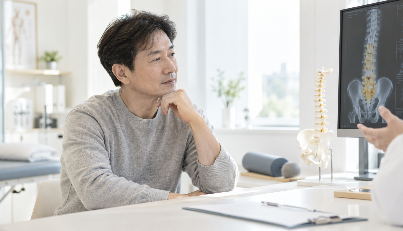 재평가 결과를 바탕으로 치료 방향을 설명하는 장면